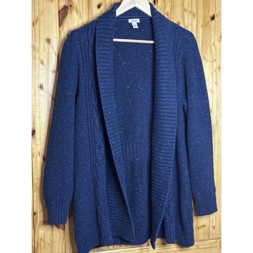 L.L. Bean Women's Blue Cable Knit Sz L Cotton Open Front Cottagecore Fishercore